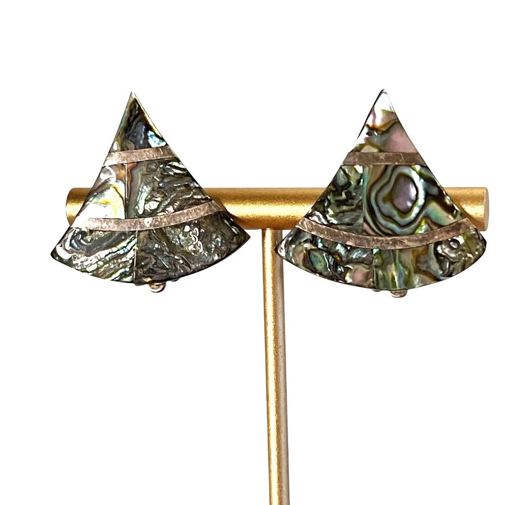 Vintage 80’s Alpaca Mexico Abalone Triangle Shape Silver Tone Clip Earrings